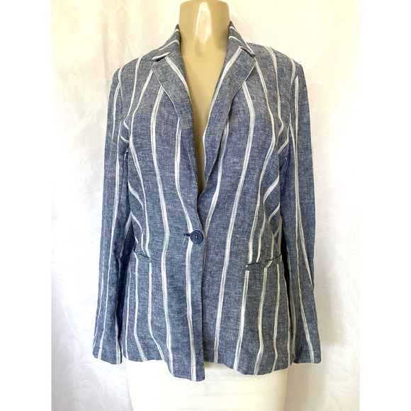 DREW Anthropologie Blue Stripe Linen Blazer Jacket One Button Long Sleev… - Picture 2 of 4